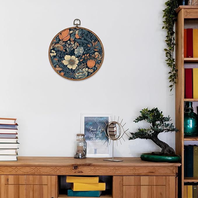 KSDUT Aesthetic Flower Dark Blue Wall Art Decor - Botanical Neutral Mid Century Modern Wall Art Canvas Frame Hanging Prints, Vintage Landscape Round Wall Art Decor for Home Decorations 10"x10"