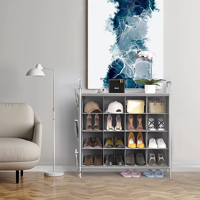 Simple Houseware 4-Tier 16 Cube Shoe Cubby Rack Organizer, Gray