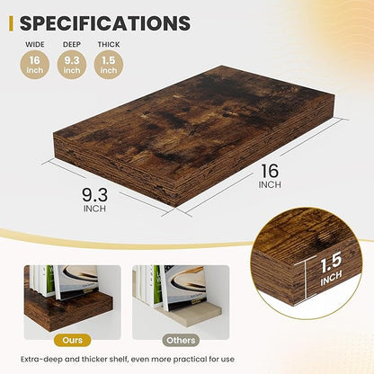 16 Inch Floating Shelves, 9.3" Deep Floating Shelf Wall Mounted, 16" Wall Shelves, Rustic Deep Bookshelf, Large Display Shelves & Storage Shelves for Bedroom, Living Room, Brown, Set of 2