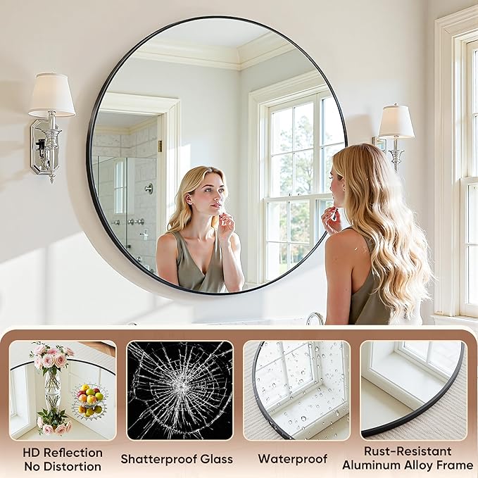 Antok Wall Mirror, 30"x30" Bathroom Vanity Mirror, Anti-Rust HD Tempered Glass, Wall Mounted Mirrors for Living Room, Entryway, Black Frame, Round