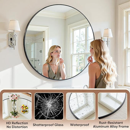Antok Wall Mirror, 30"x30" Bathroom Vanity Mirror, Anti-Rust HD Tempered Glass, Wall Mounted Mirrors for Living Room, Entryway, Black Frame, Round