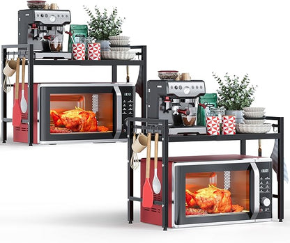 NETEL 2 Pcs Expandable Microwave Stand,2 Tier Metal Kitchen Countertop Organizer Shelves with 8 Hooks,Bakers Rack,Microwave Shelf,Microwave Oven Rack,55lbs Weight Capacity