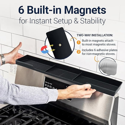 Silicone Magnetic Over the Stove Shelf for Back of Stove - Magnetic Stove Top Shelf and Over Stove Shelf, Over Oven Shelf for Top of Stove, Over the Stove Spice Rack, Includes 6 Extra Plates (Black)