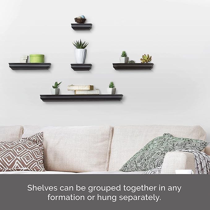 MELANNCO Floating Molding Shelves for Bedroom, Living Room, Bathroom, Kitchen, Nursery, Set of 5, Black