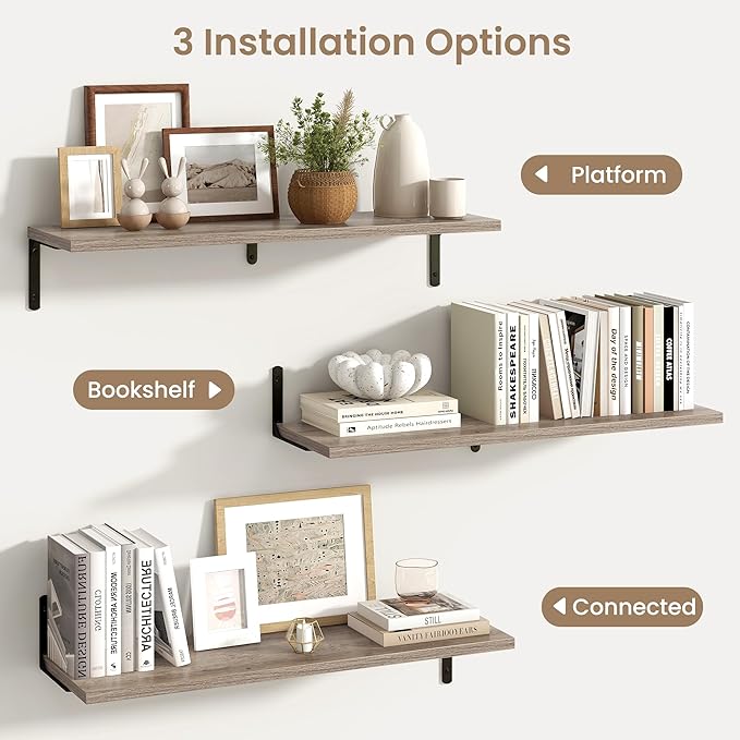 Fun Memories Deep Floating Shelves, 32W x 8D Floating Shelves Set of 2, Wall Mounted Shelf with Metal Brackets, Rustic Wood Wall Shelf for Bathroom, Kitchen and Living Room, Grey