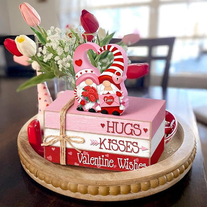 Geelin 4 Pcs Valentine Decorations Valentine Tiered Tray Decoration Wooden Gnome Book Stack Signs Ornament Vintage Table Decoration for Home Office Table Shelf Centerpiece Farmhouse Decorations