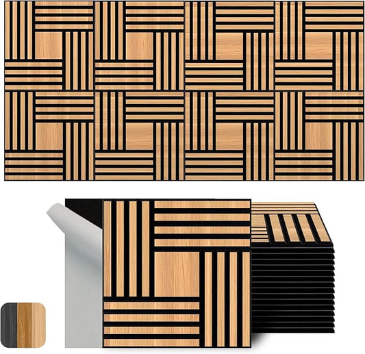 WoveN SounD Artisan Acoustic Wall Panels, 16 Pack 12x12 Inch, Wood Veneer Carved Sound Proof Wall Decor, Self-Adhesive for Home, Studio, Office & Focus Zones, Metre, Natural Oak