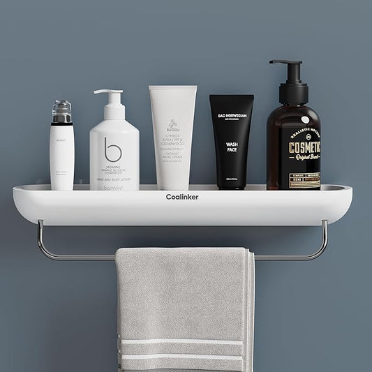 Shower Shelf with Towel Bar- Modern Bathroom Organizers Storage Self Adhesive Strong- Caddy Stick to Wall Mounted Rack- No Drilling Rustproof Plastic Acrylic White- Home Apartment