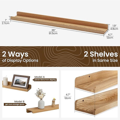 Floating Shelves for Wall 36 Inch - Natural Wood Picture Ledge Shelf Set of 2 - Solid Ash Wood Wall Shelves with Lip - Picture Shelf Photo Ledge