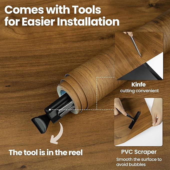Wood Contact Paper with Tools, Peel and Stick Wallpaper Thicken for Countertops, Vintage Wood Grain Wallpaper Waterproof, Natural Wood Brown Self-Adhesive Removable Vinyl Film 15.7 in X 393 in