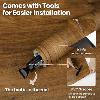 Wood Contact Paper with Tools, Peel and Stick Wallpaper Thicken for Countertops, Vintage Wood Grain Wallpaper Waterproof, Natural Wood Brown Self-Adhesive Removable Vinyl Film 15.7 in X 393 in
