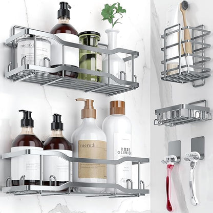 Shower Caddy Bathroom Shelves, The Athena Silken 4 Set, 40LB Capacity, Adhesive Tape - No Drill - Rustproof -Gorgeous Powder Coated 304 Stainless Steel Shower Organizer for kitchen & Home Decor - Grey