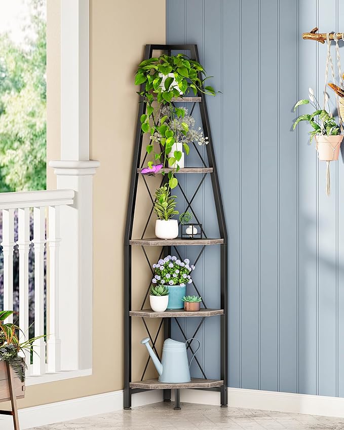 5-Tier Corner Shelf, Corner Bookshelf, Ladder Shelf, Floor Standing Storage Rack, Open Display Stand, Plant Stand, for Living Room, Bedroom, Study, Bathroom, Greige and Black TCJ22BG