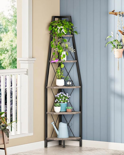 5-Tier Corner Shelf, Corner Bookshelf, Ladder Shelf, Floor Standing Storage Rack, Open Display Stand, Plant Stand, for Living Room, Bedroom, Study, Bathroom, Greige and Black TCJ22BG