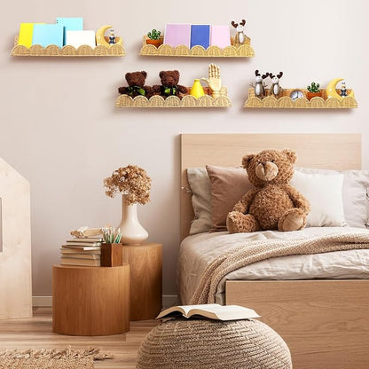 Pinkunn 4 Pcs Nursery Book Shelves 23.6 Inch Rattan Scalloped Floating Bookshelves Wicker Boho Book Shelf for Wall Mounted Decor Nursery Rooms Hanging