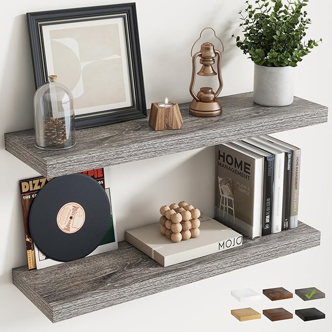 32 Inch Floating Shelves for Wall Set of 2, 8"D Wood Grain Bathroom Shelves with Invisible Brackets, Easy Install Engineered Wood Storage Shelves for Kitchen, Living Room, Bedroom, Grey Oak Finish