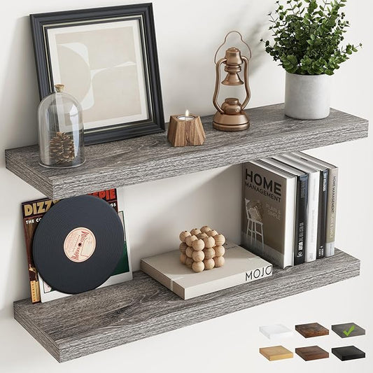 32 Inch Floating Shelves for Wall Set of 2, 8"D Wood Grain Bathroom Shelves with Invisible Brackets, Easy Install Engineered Wood Storage Shelves for Kitchen, Living Room, Bedroom, Grey Oak Finish