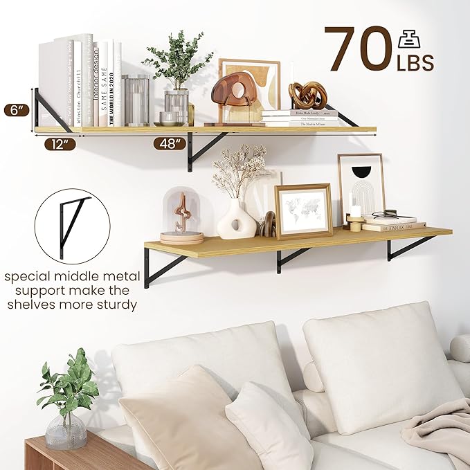 Fun Memories Floating Shelves for Wall, 12 Inch Deep Floating Shelves Set of 2, 48W x 12D Large Wall Shelf with Sturdy Metal Brackets for Living Room, Bathroom, Bedroom and Kitchen, Oak