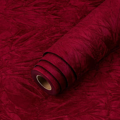LaCheery 157"x24" Dark Red Velvet Peel and Stick Wallpaper Red Velvet Contact Paper Self Adhesive Textured Vintage Burgundy Wall Paper Peel and Stick for Walls Crafts Dresser Desk Wide Felt Sheet Roll