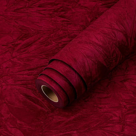 LaCheery 157"x24" Dark Red Velvet Peel and Stick Wallpaper Red Velvet Contact Paper Self Adhesive Textured Vintage Burgundy Wall Paper Peel and Stick for Walls Crafts Dresser Desk Wide Felt Sheet Roll