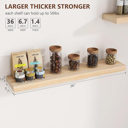 Fuqing Natural Floating Shelves, 36 Inch Set of 2, Raw Wood for Living Room & Home Office