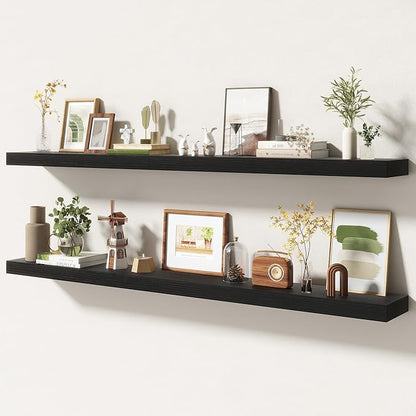 55 Inch Floating Shelves | 6.5 Inch Deep Black Floating Shelves Set of 2 | 55" W x 6.5" D Rustic Black Wood Wall Shelves with Invisible Brackets for Bathroom Living Room Bedroom
