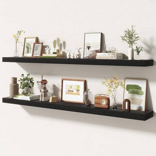 55 Inch Floating Shelves | 6.5 Inch Deep Black Floating Shelves Set of 2 | 55" W x 6.5" D Rustic Black Wood Wall Shelves with Invisible Brackets for Bathroom Living Room Bedroom