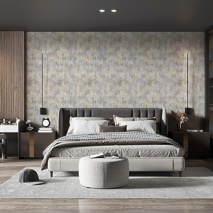 Simon&Siff Textured Wallpaper Distressed Concrete Wallpaper 17.3in x 39.4ft White/Gold/Gray Metallic Modern Wall Paper Non Woven Neutral for Bedroom Traditional Wall Paper Need Adhesive