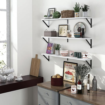 Heimlove Floating Shelves for Wall, 36 Inch Long Wood Floating Bookshelf Set of 3, Wall Mounted Hanging Shelf for Bathroom Bedroom Kitchen, White