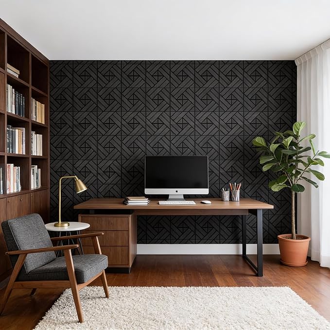 WoveN SounD Artisan Acoustic Wall Panels, 16 Pack 12x12 Inch, Wood Veneer Carved Sound Proof Wall Decor, Self-Adhesive for Home, Studio, Office & Focus Zones, Grid Weave, Black Oak