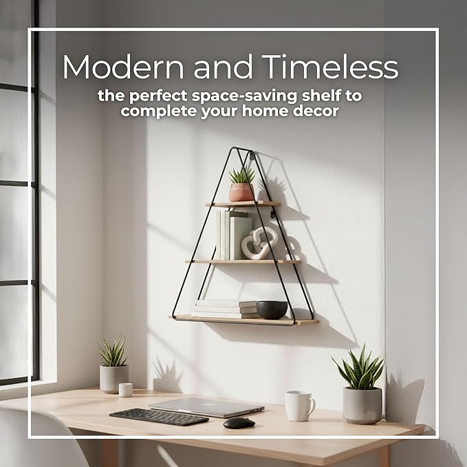 Sagebrook Home Triangle Wall Shelf - Modern Industrial Metal & Wood Floating Storage Unit - Rustic Hanging Display Shelves for Living Room, Bedroom, Office, Entryway - 26" Brown