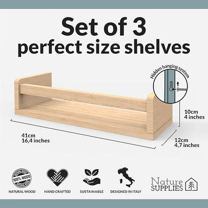 NATURE SUPPLIES Nursery Book Shelves, Set of 3 Floating Bookshelves for Wall for Nursery Decor & Playroom Decor, Bookshelf Kids, Baby Book Shelf Organizer (Natural Wood)