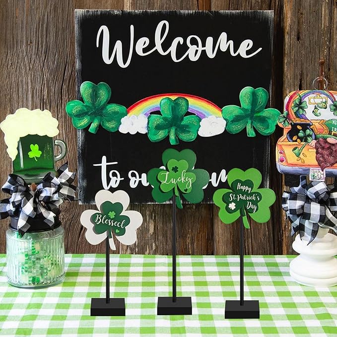 Happy St. Patrick's Day Blessed Lucky Irish Wood Sign Decor Farmhouse Home Office Coffee Bar Kitchen Table Decor 3 Pieces Green