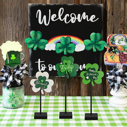 Happy St. Patrick's Day Blessed Lucky Irish Wood Sign Decor Farmhouse Home Office Coffee Bar Kitchen Table Decor 3 Pieces Green