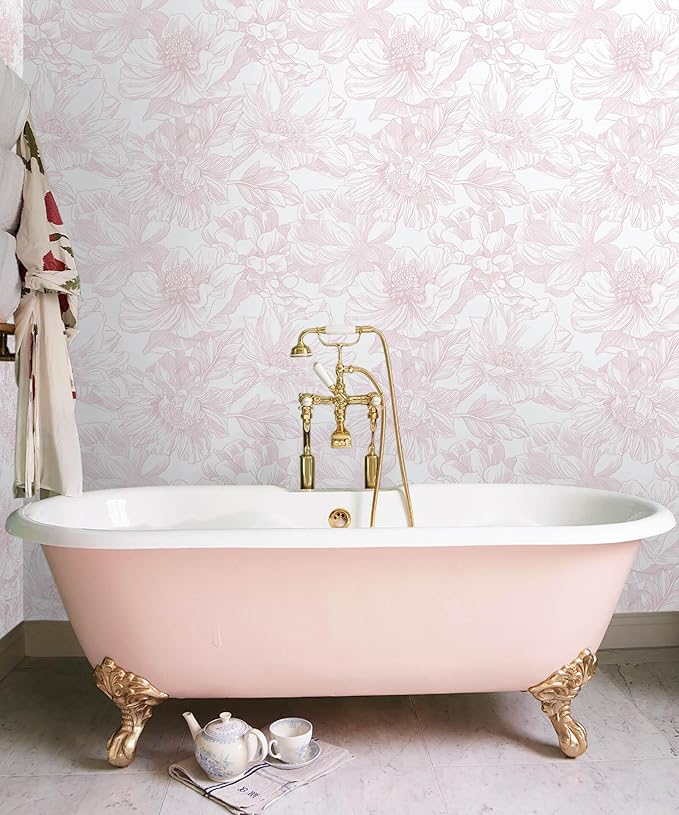 Ismoon Large Floral Peel and Stick Wallpaper Boho White/Pink Contact Paper 17.3inx16.3ft Removable Self Adhesive Bedroom Cabinet Mural Wall Decor Vinyl Roll