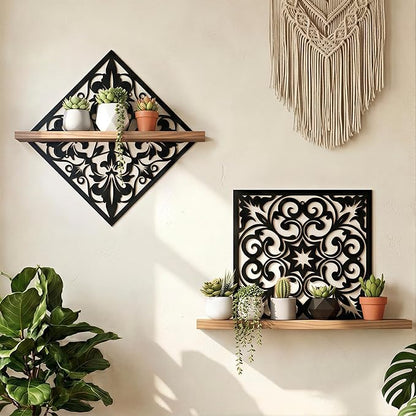 2PCS Metal Carved Window Wall Decor with Wooden Shelf, Black Floating Shelves for Bathroom Wall, Kitchen Wall Decorative Shelves, Creative Shelf for Bathroom Accessories Organizers and Storage