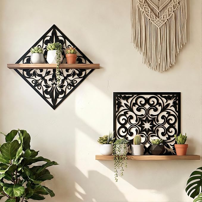 2PCS Metal Carved Window Wall Decor with Wooden Shelf, Black Floating Shelves for Bathroom Wall, Kitchen Wall Decorative Shelves, Creative Shelf for Bathroom Accessories Organizers and Storage
