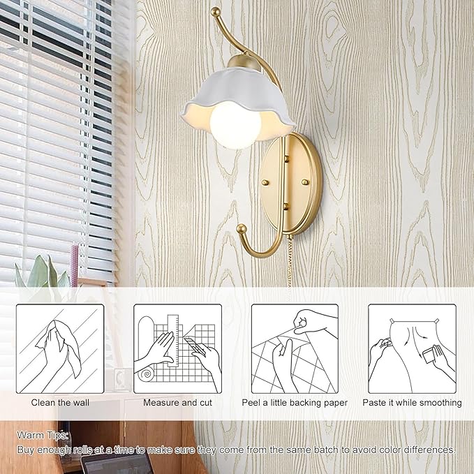 Yun-aeon Beige and Gold Wood Contact Paper 17.3"x200" Rustic Wooden Peel and Stick Wallpaper Removable Self-Adhesive Wallpaper Wood Grain Contact Paper for Countertops Cabinets