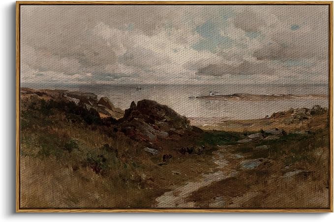 InSimSea Framed Canvas Wall Art Vintage Decor, Seaside Path Wilderness Landscape Paintings Artwork, Large Prints, Retro Wall Decorations for Living Room Bedroom Bathroom, 24
