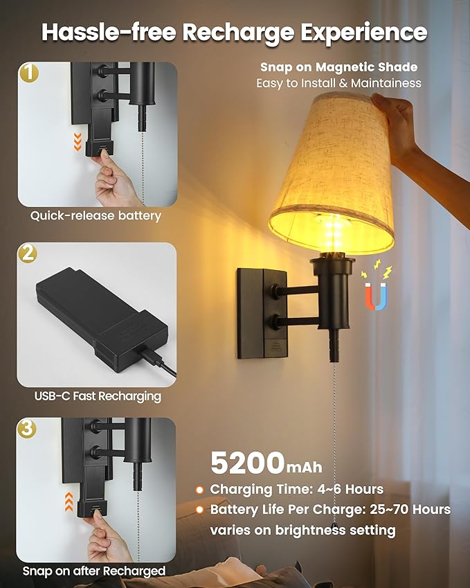 Rechargeable Battery Operated Wall Sconces Set of 2, Wireless LED Wall Lights with Remote & On/Off Pull Chain, Wall Mounted Lamp Lighting Fixture for Bedroom Living Room, Matte Black