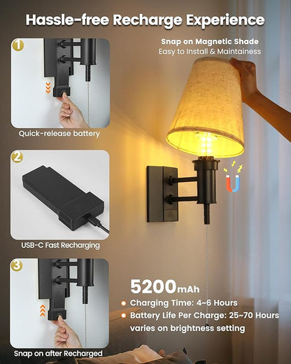 Rechargeable Battery Operated Wall Sconces Set of 2, Wireless LED Wall Lights with Remote & On/Off Pull Chain, Wall Mounted Lamp Lighting Fixture for Bedroom Living Room, Matte Black