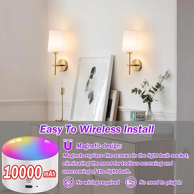 Battery Operated Wall Sconce Set of 2, Wireless Dimmable Battery Powered Wall Lamp with Remote Control,battery Wall Light with White Fabric Shade for Bedroom,Easy To Install,3 Color Temp Bulb Included
