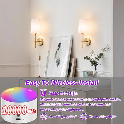 Battery Operated Wall Sconce Set of 2, Wireless Dimmable Battery Powered Wall Lamp with Remote Control,battery Wall Light with White Fabric Shade for Bedroom,Easy To Install,3 Color Temp Bulb Included