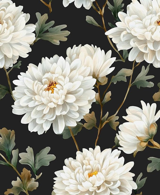 Black White Floral Peel and Stick Wallpaper Chrysanthemum Contact Paper 17.5" × 118" Waterproof Vinyl Self Adhesive Vintage Dark Flower Wall Paper for Bedroom Walls Cabinet Locker Decor