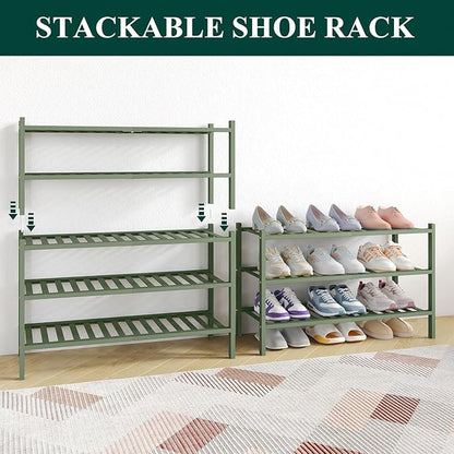 Smiry Bamboo Shoe Rack for Closet, 5 Tier Wooden Stackable Shoe Organizer, Free Standing Shoes Storage Shelf for Entryway, Front Door Entrance, Green