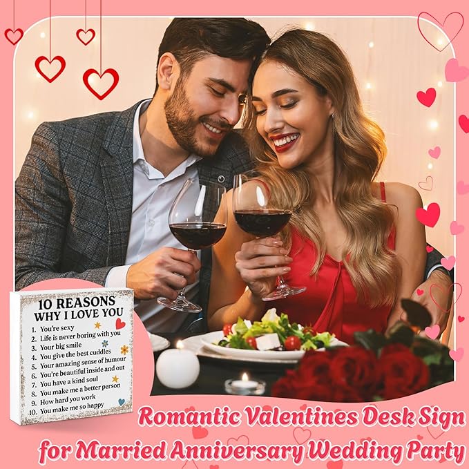 Valentines Desk Decor, Valentine's Day Home Office Table Sign for Wife Daughter from Dad Husband, Valentine Gifts Decorations for Porch Tiered Tray Shelf Party, 10 Reasons Why I Love You