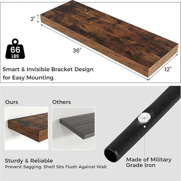 Floating Shelves for Wall, 36 Inch Wide x 12 Inch Deep Floating Shelves, Long Wood Floating Wall Shelf Shelves for Living Room Bathroom Bedroom Kitchen Home - (Brown, 36" W x 12" D x 2" H)