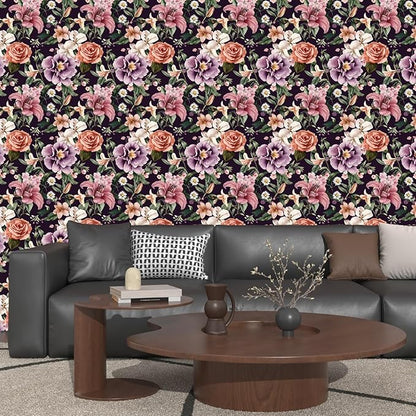 Purple Vintage Floral Wallpaper Peel and Stick Red Rose Peony Flowers Contact Paper 17.5" x 118" Wall Paper Self Adhesive Waterproof Removable for Room Shelves Cabinet Drawer Table Decor