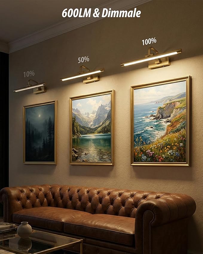 URSOLA 16“ Picture Lights for Wall, Brass Battery Operated Picture Frame Light, Dimmable LED Light Over Picture Frame with 3 CCT, Display for Gallery, Living Room, Bedroom, Hallway