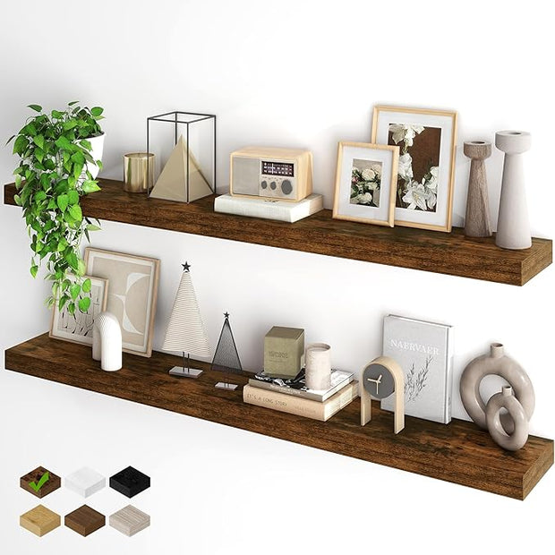Fun Memories Floating Shelves for Wall, 55Inch Floating Shelves Set of 2, Hanging Shelf with Invisible Brackets, Wood Shelves for Living Room, Bedroom, Kitchen, Brown